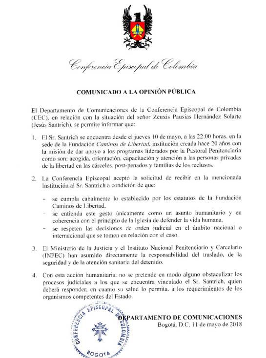 Caso Santrich: “No queremos obstaculizar los procesos judiciales de Santrich”: Iglesia Caso Santrich: “No queremos obstaculizar los procesos judiciales de Santrich”: Iglesia