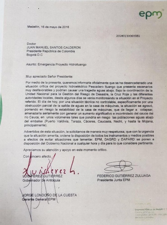 Hidroituango: Advierten a Santos que situación a Hidroituango llegaría a nivel crítico Hidroituango: Advierten a Santos que situación a Hidroituango llegaría a nivel crítico