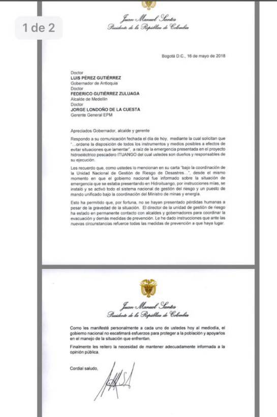 Seguirán esfuerzos para atender la crisis de Hidroituango: Santos Seguirán esfuerzos para atender la crisis de Hidroituango: Santos