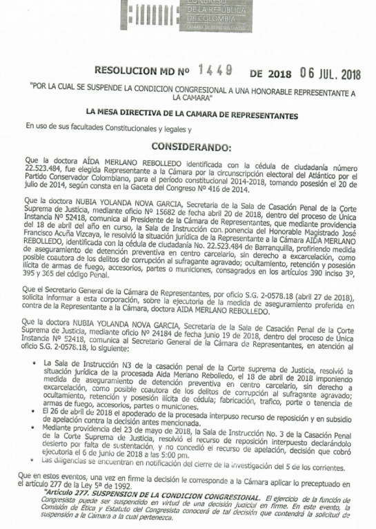 Corrupción política: Cámara de Representantes suspendió a Aida Merlano Corrupción política: Cámara de Representantes suspendió a Aida Merlano