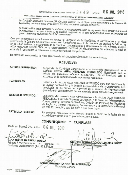 Corrupción política: Cámara de Representantes suspendió a Aida Merlano Corrupción política: Cámara de Representantes suspendió a Aida Merlano
