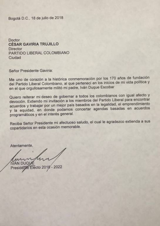 Gobierno Iván Duque: Le reitero invitación a trabajar juntos por Colombia: Duque a Gaviria Gobierno Iván Duque: Le reitero invitación a trabajar juntos por Colombia: Duque a Gaviria