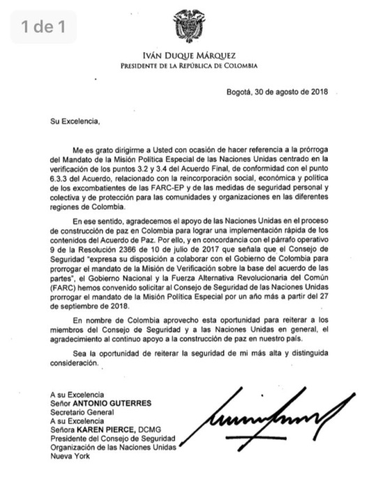 Verfiicación acuerdo de Paz Colombia: Duque y Farc piden a ONU prorrogar por un año la Misión de Paz en Colombia Verfiicación acuerdo de Paz Colombia: Duque y Farc piden a ONU prorrogar por un año la Misión de Paz en Colombia