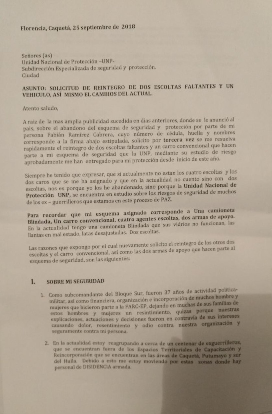 Seguridad exguerrilleros: Fabián Ramírez pide a la UNP que le asignen de nuevo escoltas Seguridad exguerrilleros: Fabián Ramírez pide a la UNP que le asignen de nuevo escoltas