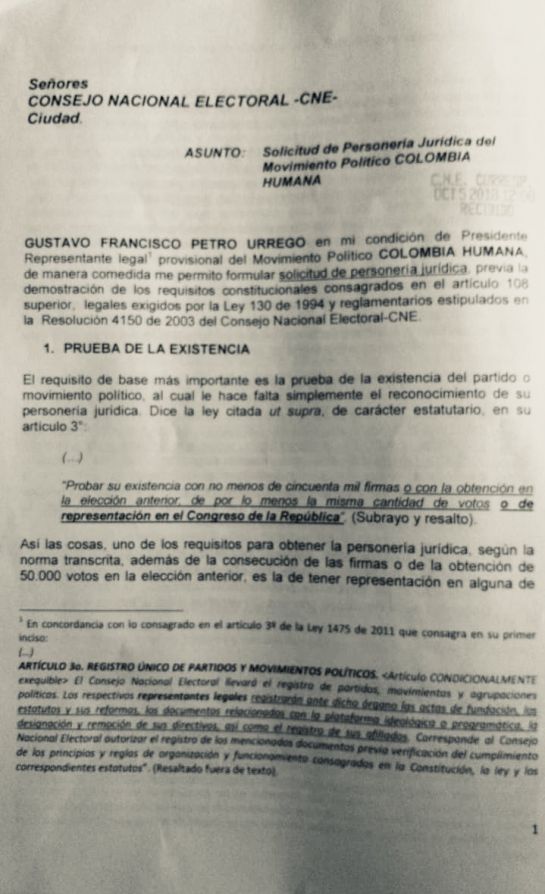 Gustavo Petro: Colombia Humana vuelve a pedir personería jurídica al CNE Gustavo Petro: Colombia Humana vuelve a pedir personería jurídica al CNE