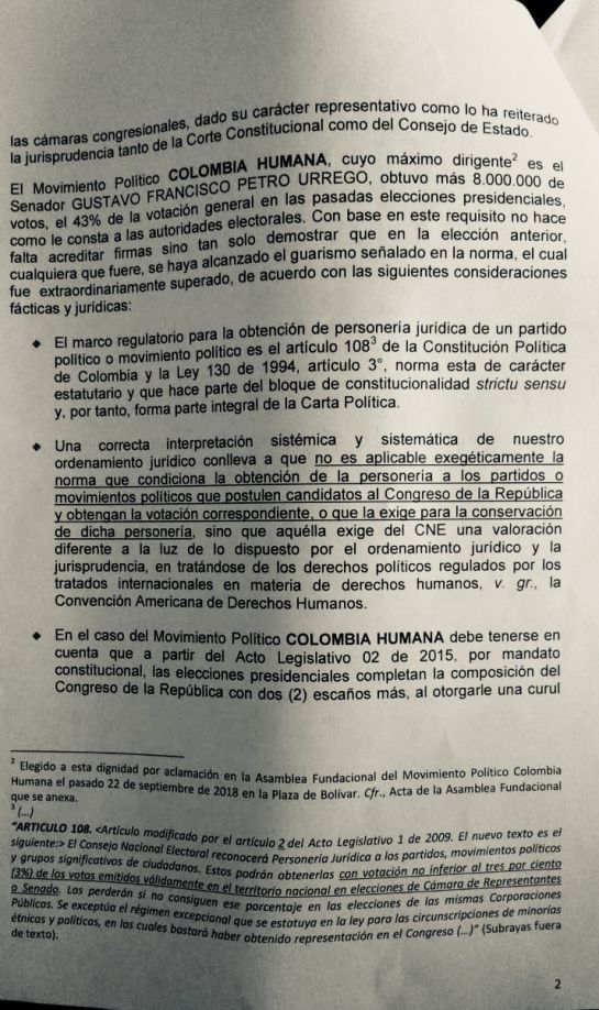 Gustavo Petro: Colombia Humana vuelve a pedir personería jurídica al CNE Gustavo Petro: Colombia Humana vuelve a pedir personería jurídica al CNE