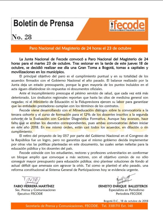 Fecode: Colegios públicos a paro de 24 horas el martes Fecode: Colegios públicos a paro de 24 horas el martes