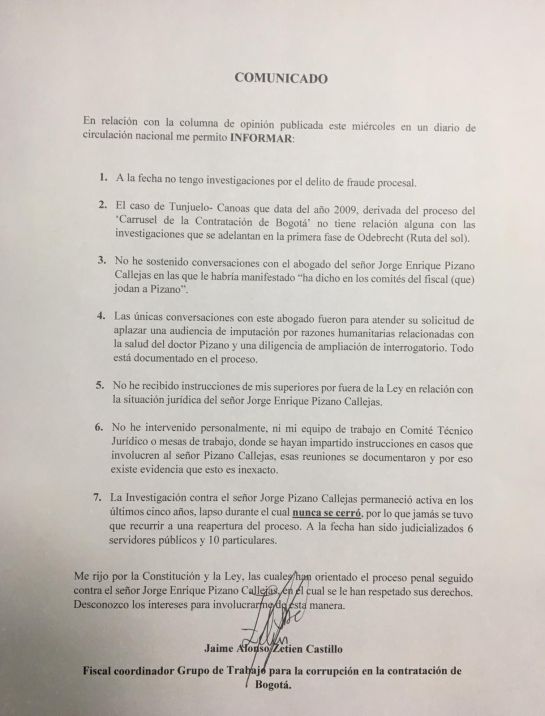 Jorge Pizano: No he recibido presiones en caso Pizano: fiscal del "carrusel de contratos" Jorge Pizano: No he recibido presiones en caso Pizano: fiscal del "carrusel de contratos"