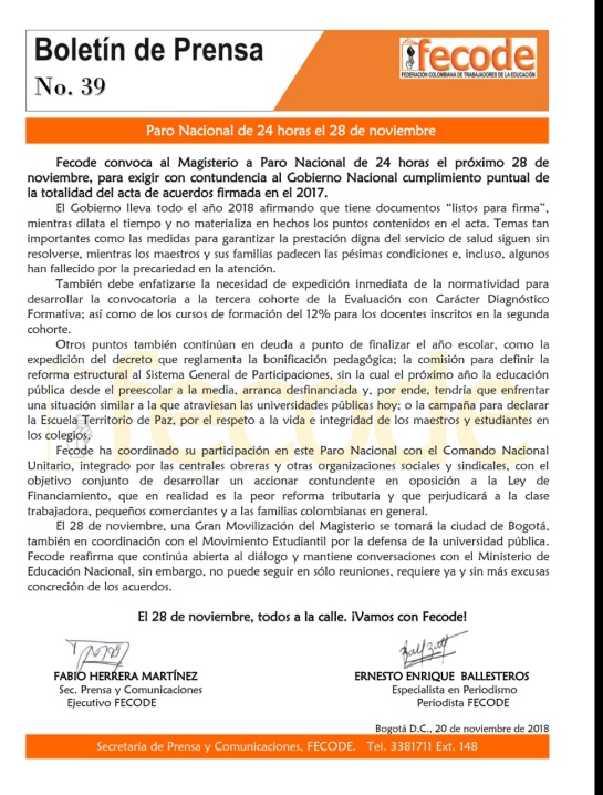 Fecode paro 28 de noviembre: Fecode ratifica paro nacional de 24 horas el 28 de noviembre Fecode paro 28 de noviembre: Fecode ratifica paro nacional de 24 horas el 28 de noviembre