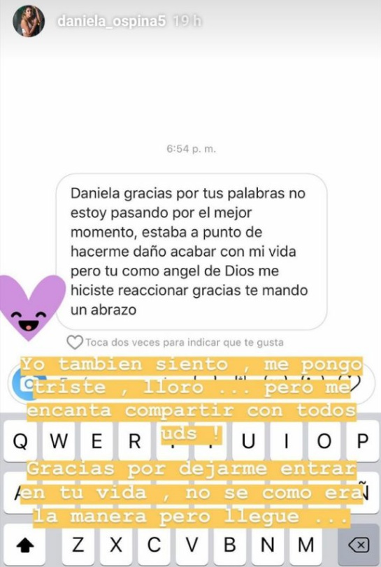 Por alentadoras palabras de Daniela Ospina, seguidor decidió no suicidarse Por alentadoras palabras de Daniela Ospina, seguidor decidió no suicidarse