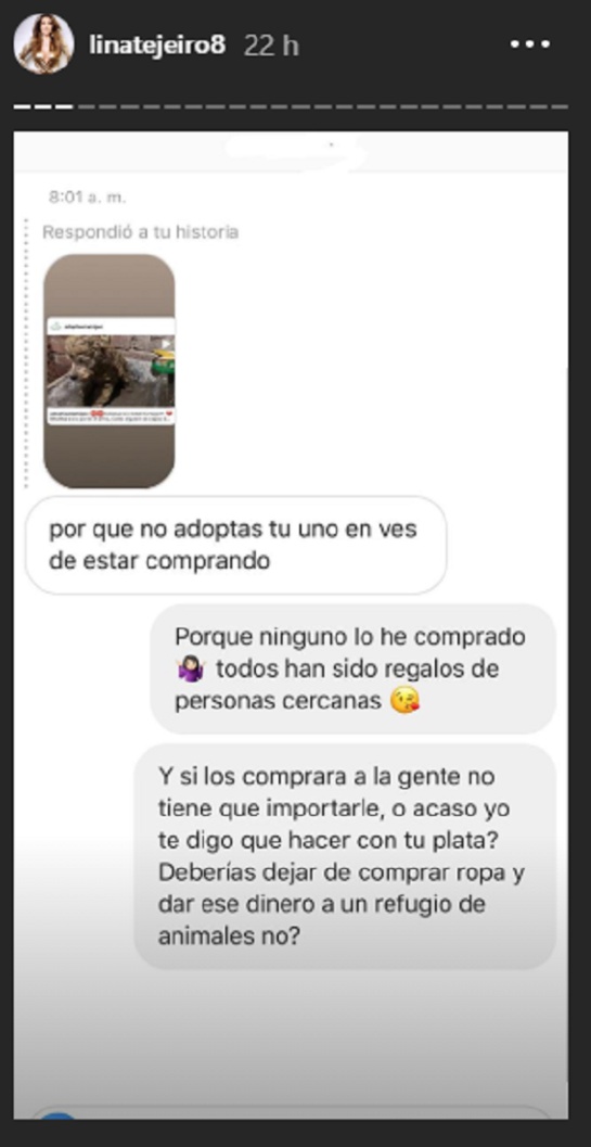 Mascotas de Lina Tejeiro: Fuerte respuesta de Lina Tejeiro a seguidora que crítico sus mascotas Mascotas de Lina Tejeiro: Fuerte respuesta de Lina Tejeiro a seguidora que crítico sus mascotas