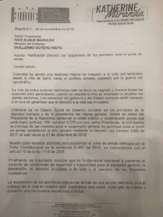 Piden al Gobierno prorrogar decreto que prohíbe porte de armas Piden al Gobierno prorrogar decreto que prohíbe porte de armas