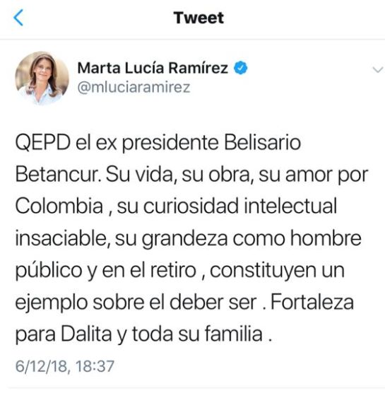 Marta Lucía Ramírez Belisario Betancur: "Lamento mucho haber recibido información equivocada": VP sobre Betancur Marta Lucía Ramírez Belisario Betancur: "Lamento mucho haber recibido información equivocada": VP sobre Betancur