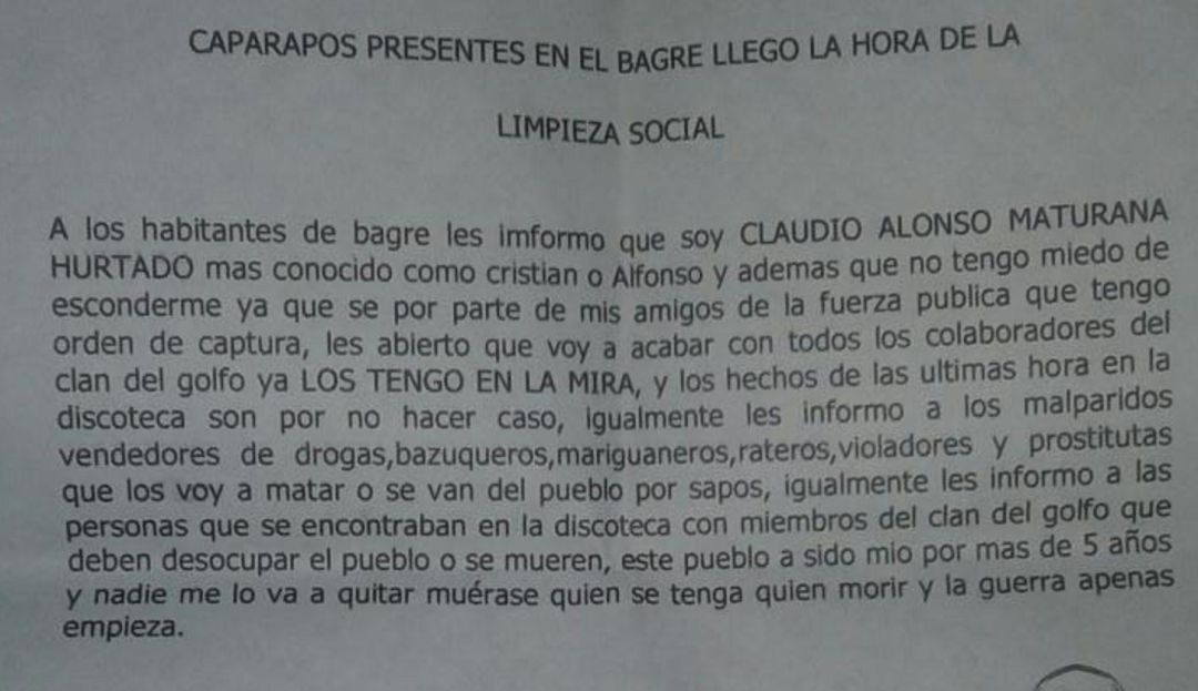 CABEZA, HUMANA, EL BAGRE, PANFLETO, VIOLENCIA, BAJO CAUCA, AMENAZAS: Con panfleto y una cabeza humana, intimidan habitantes de El Bagre