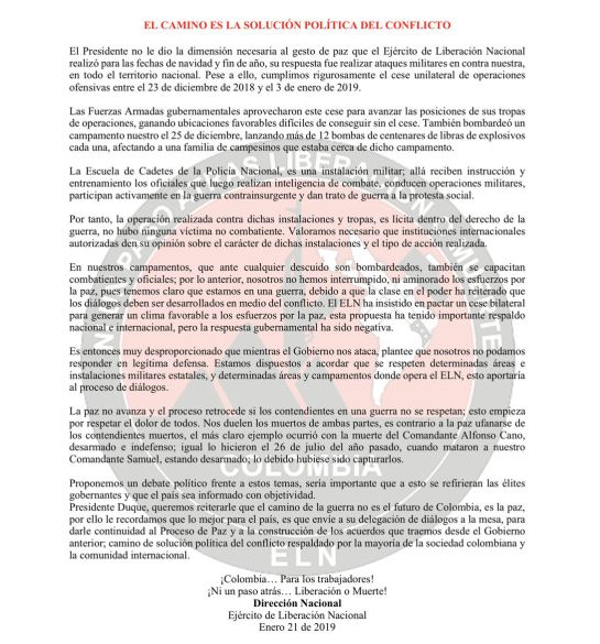 Eln: ELN admite autor&Atilde;&shy;a del atentado terrorista en Bogot&Atilde;&iexcl;