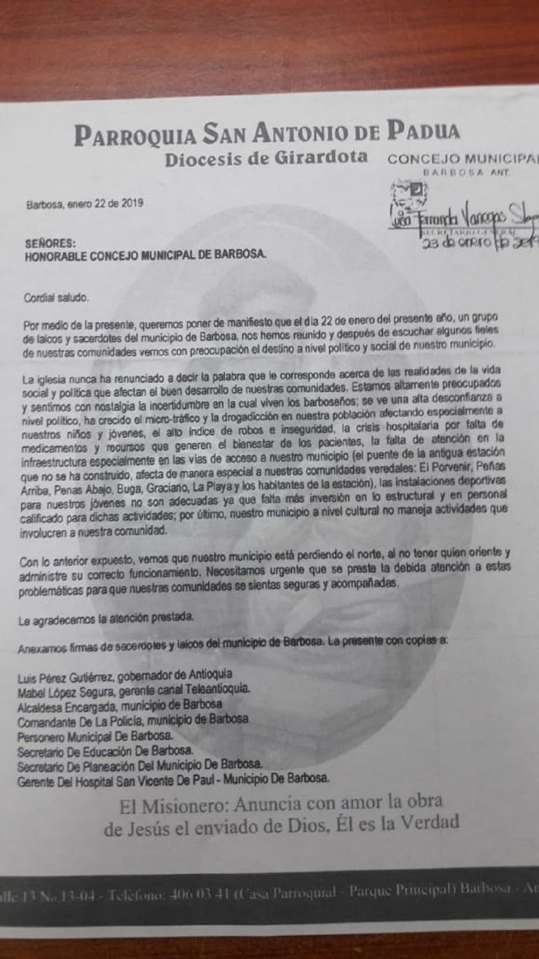 BARBOSA, ALCALDE, IGLESIA CATÓLICA, CORRUPCIÓN, INSEGURIDAD, GOBERNACIÓN DE: SOS de la iglesia por Barbosa que quedó a merced de los delincuentes