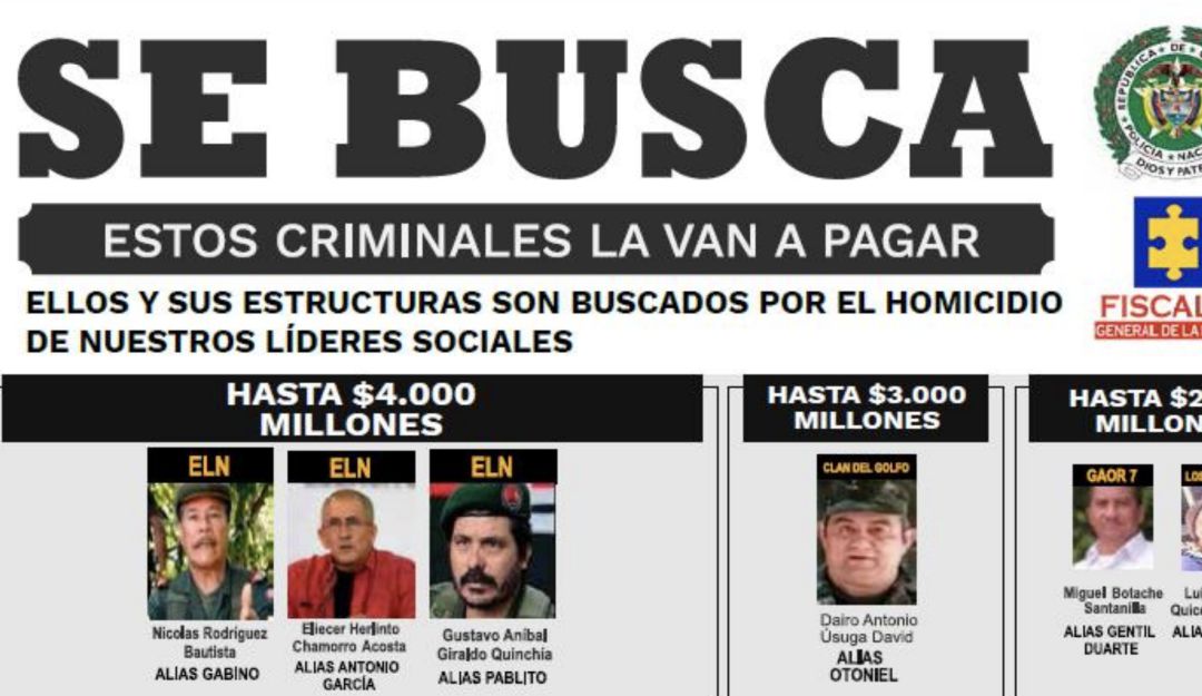Cartel de los más buscados: Gobierno lanza cartel de los más buscados por asesinato de líderes sociales