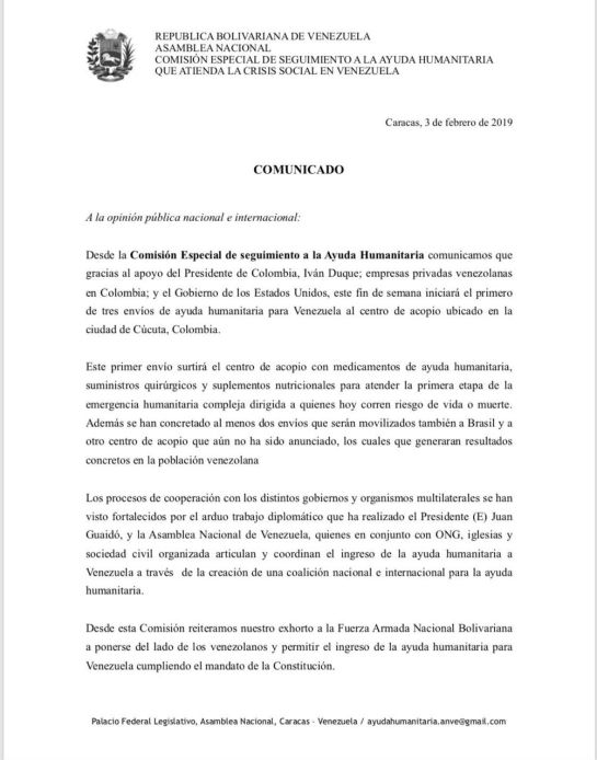 Crisis Venezuela: Parlamento venezolano confirmó llegada de ayuda humanitaria a Cúcuta Crisis Venezuela: Parlamento venezolano confirmó llegada de ayuda humanitaria a Cúcuta
