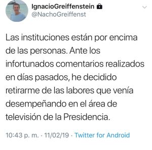Ignacio Greiffenstein: Renunció funcionario de la presidencia por trino ofensivo a mujeres Ignacio Greiffenstein: Renunció funcionario de la presidencia por trino ofensivo a mujeres