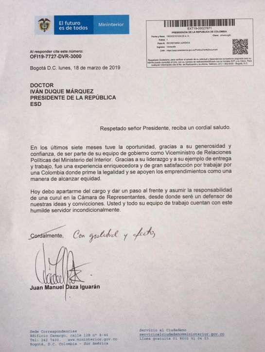 Congreso Colombia: Viceministro del Interior renunció a su cargo para asumir curul de Hoyos Congreso Colombia: Viceministro del Interior renunció a su cargo para asumir curul de Hoyos