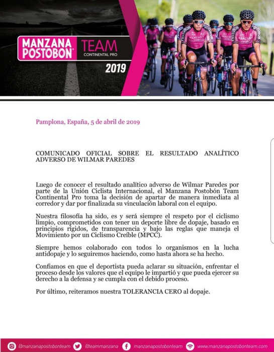 Wilmar Paredes dopping: Ciclista colombiano es suspendido por dar positivo en prueba antidopaje Wilmar Paredes dopping: Ciclista colombiano es suspendido por dar positivo en prueba antidopaje