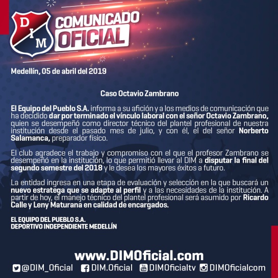 Liga Águila: Octavio Zambrano no es más entrenador del Medellín Liga Águila: Octavio Zambrano no es más entrenador del Medellín