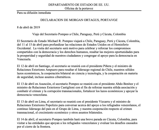 Crisis en Venezuela: Pompeo viajará a la frontera de Venezuela en una gira por Sudamérica Crisis en Venezuela: Pompeo viajará a la frontera de Venezuela en una gira por Sudamérica