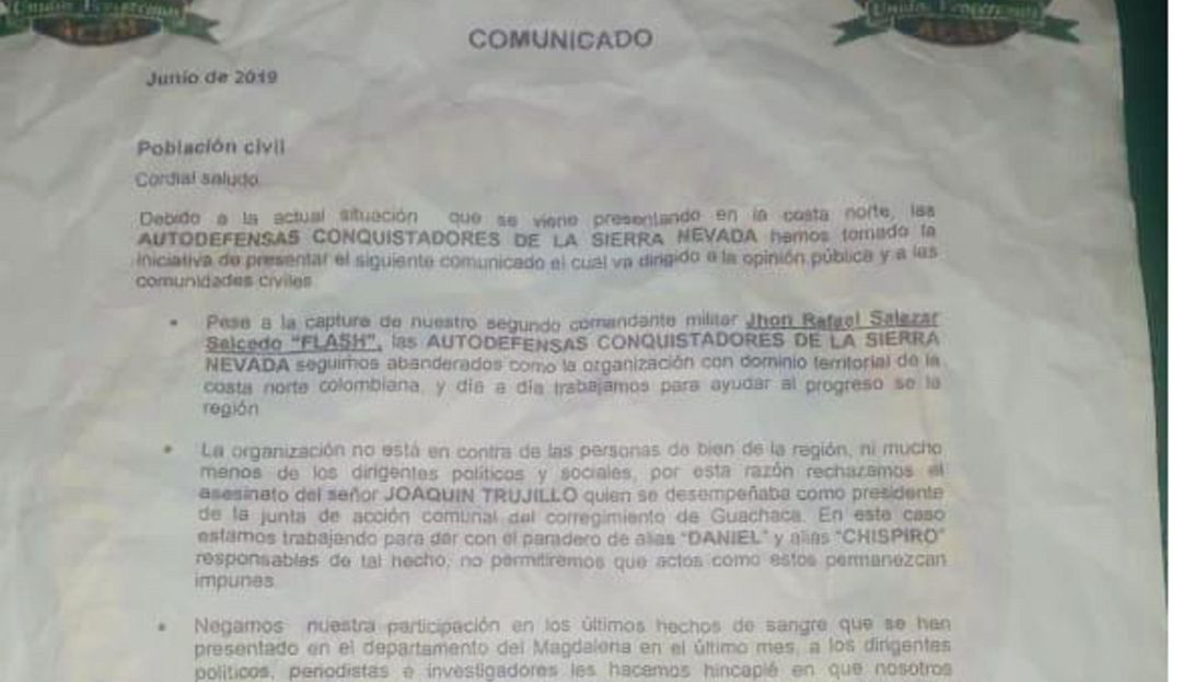 Los Pachencas habrían negado asesinato del líder social de la Sierra Nevada