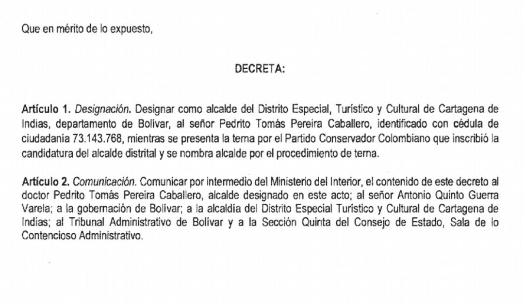 Presidencia Pedrito Pereira alcaldía Cartagena: Presidencia ratifica a Pedrito Pereira como alcalde de Cartagena