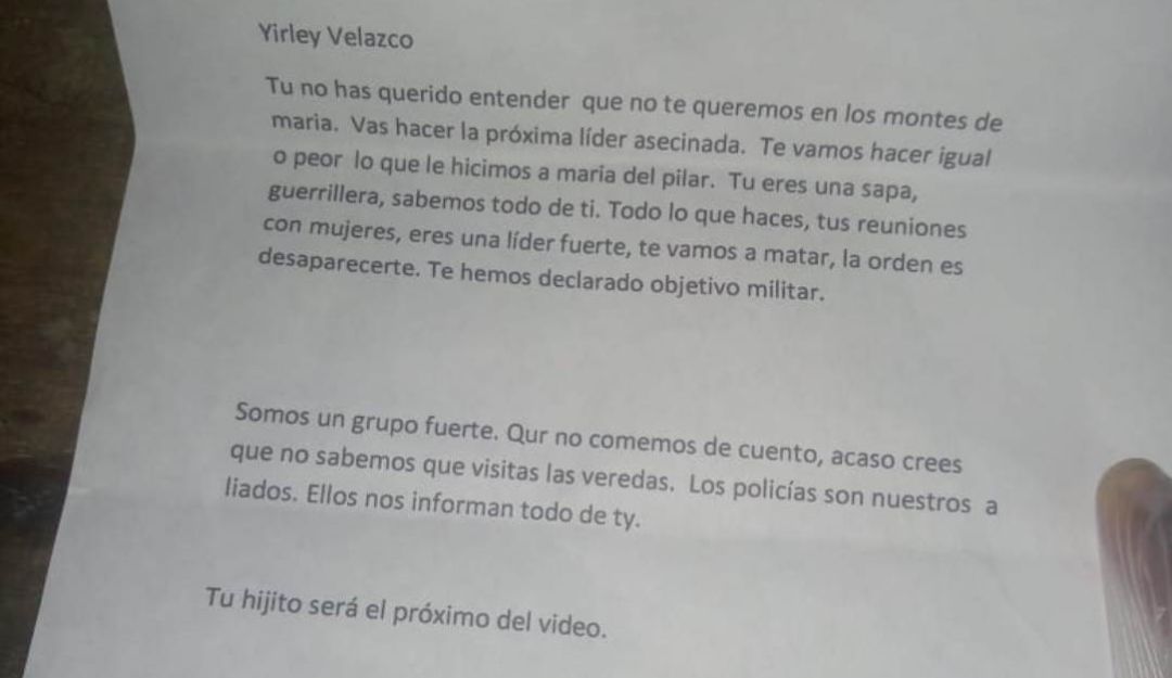 Amenaza líder social El Salado Yirley Velasco: Te vamos a hacer igual que a María del Pilar: amenaza a líder de El Salado
