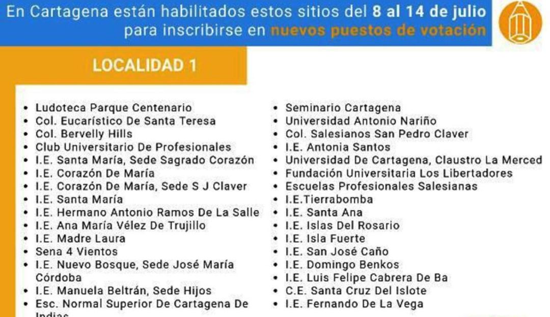 Puestos de votación en Cartagena: Cartagena tiene 78 puestos de votación habilitados para inscribir la cédula