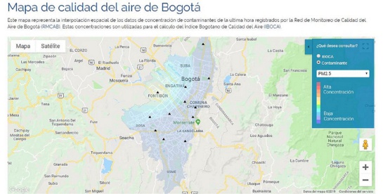 Mapa de la calidad del aire en Bogotá mientras transcurría el paro de taxistas Mapa de la calidad del aire en Bogotá mientras transcurría el paro de taxistas