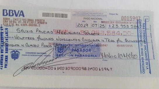 Cheque de pago de Jesús Santrich Cheque de pago de Jesús Santrich