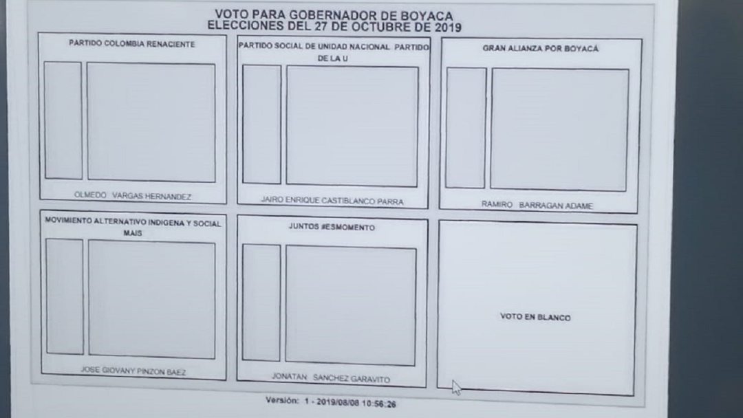 Así será el tarjetón para las elecciones a la Gobernación de Boyacá
