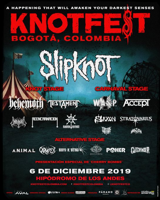 Knotfest Colombia 2019 : Slipknot, Behemoth y Testamen: Se conoce el cartel de los artistas de Knotfest Colombia 2019 Knotfest Colombia 2019 : Slipknot, Behemoth y Testamen: Se conoce el cartel de los artistas de Knotfest Colombia 2019