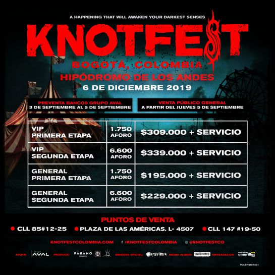 Knotfest Colombia 2019 : Slipknot, Behemoth y Testamen: Se conoce el cartel de los artistas de Knotfest Colombia 2019 Knotfest Colombia 2019 : Slipknot, Behemoth y Testamen: Se conoce el cartel de los artistas de Knotfest Colombia 2019