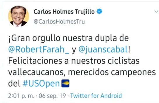 Error Canciller Trujillo U.S. Open: ¿Ciclistas del U.S. Open? Así felicitó el Canciller a Cabal y Farah Error Canciller Trujillo U.S. Open: ¿Ciclistas del U.S. Open? Así felicitó el Canciller a Cabal y Farah