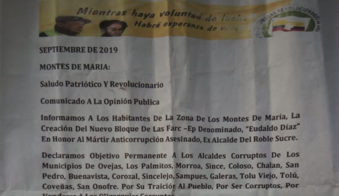 Panfleto de disidencias en Sucre: Autoridades analizan panfleto de presuntas disidencias en Montes de María