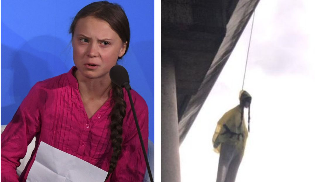 Muñeca Greta Thunberg Colgada de un Puente: Indignación por muñeca con la figura de Greta Thunberg colgada de un puente