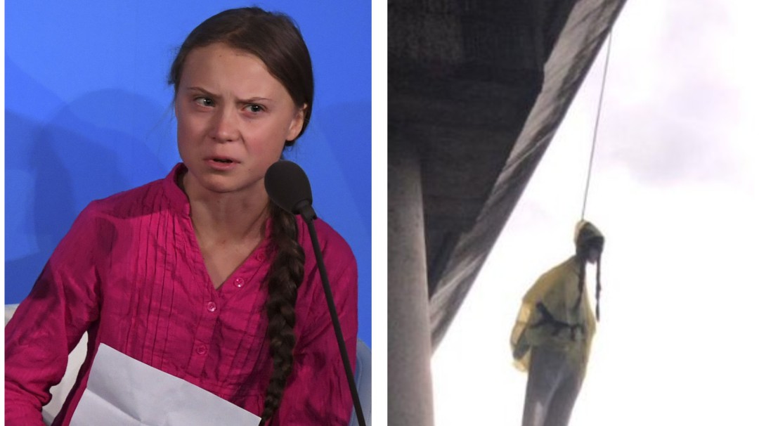 Indignación por muñeca con la figura de Greta Thunberg colgada de un puente