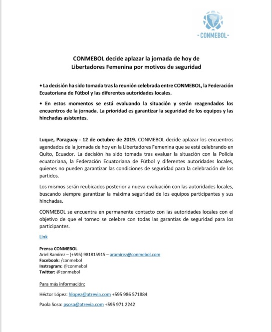Copa Libertadores Ecuador protestas: Conmebol decide aplazar por seguridad jornada de Libertadores Femenina Copa Libertadores Ecuador protestas: Conmebol decide aplazar por seguridad jornada de Libertadores Femenina