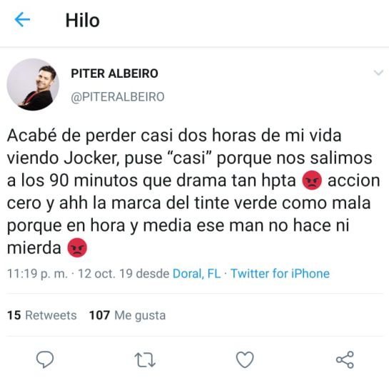 Piter Albeiro Critica en Twitter a Joker El Guasón: Piter Albeiro: "Acabé de perder casi dos horas de mi vida viendo Jocker" Piter Albeiro Critica en Twitter a Joker El Guasón: Piter Albeiro: "Acabé de perder casi dos horas de mi vida viendo Jocker"