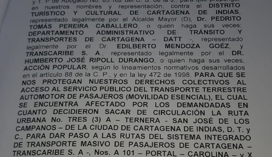 Acción popular ruta Ternera Villagrande Cartagena: Acción popular busca mantener ruta Ternera - San José en Cartagena