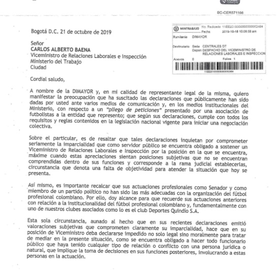Dimayor carta Viceministro de Trabajo mediación: Dimayor pide a Viceministro de Trabajo no mediar en conflicto con jugadores Dimayor carta Viceministro de Trabajo mediación: Dimayor pide a Viceministro de Trabajo no mediar en conflicto con jugadores