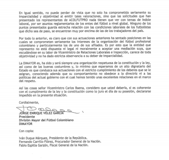 Dimayor carta Viceministro de Trabajo mediación: Dimayor pide a Viceministro de Trabajo no mediar en conflicto con jugadores Dimayor carta Viceministro de Trabajo mediación: Dimayor pide a Viceministro de Trabajo no mediar en conflicto con jugadores