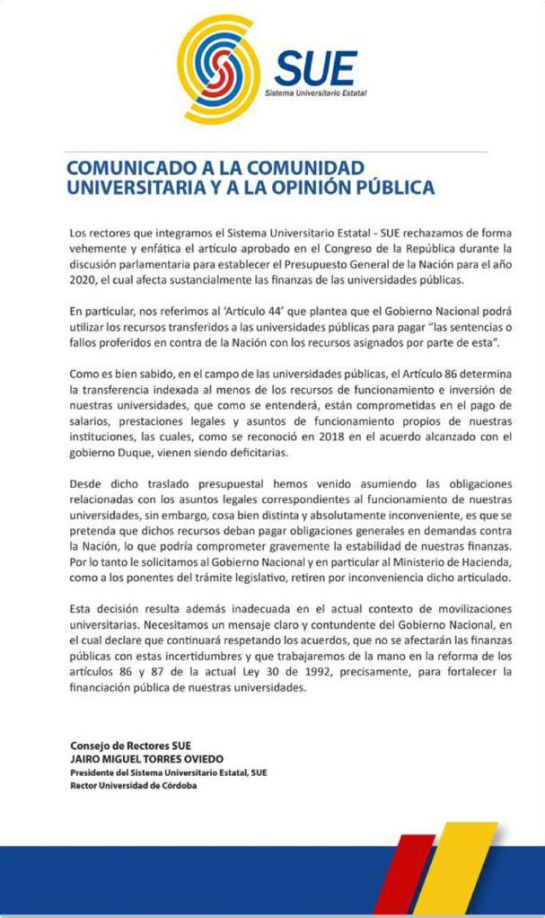 Polémica Ley de financiamiento Colombia: Desmontarán el polémico artículo sobre el uso de recursos de universidades Polémica Ley de financiamiento Colombia: Desmontarán el polémico artículo sobre el uso de recursos de universidades