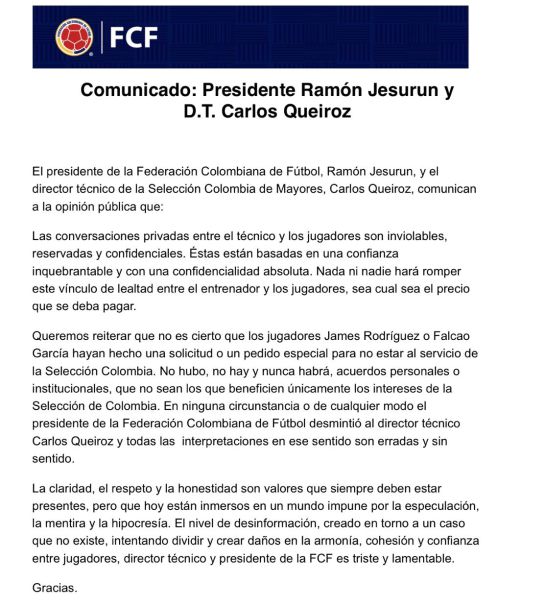 Carlos Queiroz James Rodríguez Selección Colombia: ¿Teléfono roto? Según la FCF, Jesurún no desmintió a Queiroz en tema James Carlos Queiroz James Rodríguez Selección Colombia: ¿Teléfono roto? Según la FCF, Jesurún no desmintió a Queiroz en tema James