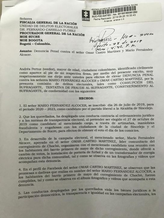 Elecciones Alcaldías y Gobernaciones Colombia: Denuncian a Mario Fernández Alcocer por corrupción al sufragante Elecciones Alcaldías y Gobernaciones Colombia: Denuncian a Mario Fernández Alcocer por corrupción al sufragante