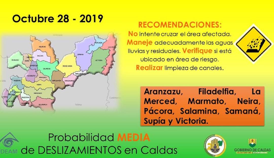 lluvias deslizamiento caldas prevencion: 17 municipios de Caldas con probabilidad de deslizamiento