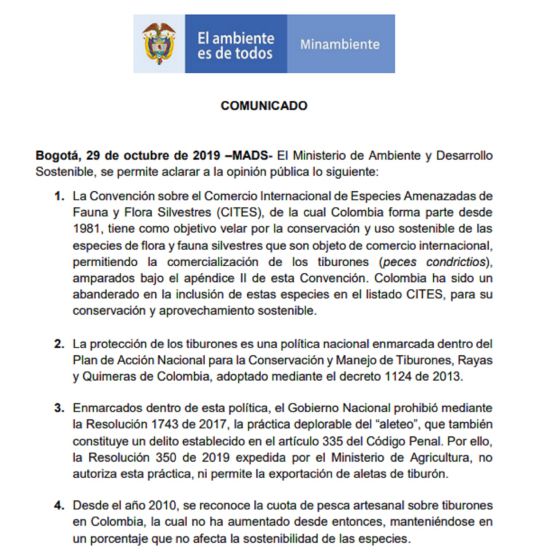 MinAmbiente aclara polémica frente a pesca y exportación de tiburones MinAmbiente aclara polémica frente a pesca y exportación de tiburones